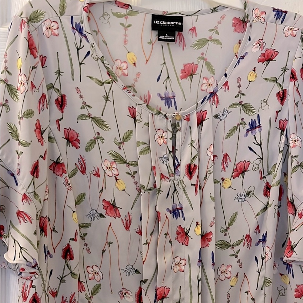 Liz Claiborne Pink and Red Pleated Tie Front Blouse